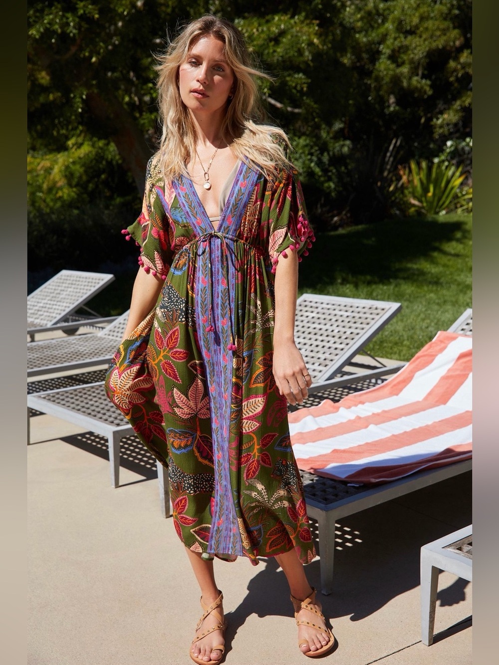 FARM Rio Tropical Deep-V Coverup Dress in Olive & Pink Floral size S